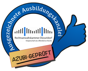 Das AZUBI-GEPRÜFT_SIEGEL der Kammer Düsseldorf: Ein blauer Kreis mit Inschrift: Ausgezeichnete Ausbildungskanzleii, Kreis läuft mit einer Hand und Daumen hoch aus. Innerhalb des Kreises befindet sich das Logo der RAK Düsseldorf, Unterhalb des Kreises steht in einem Orangs/Rot-farbenen Rechteck´: Azubi-geprüft